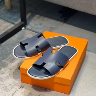 Hermès Navy White H形带 磨砂上层拖鞋