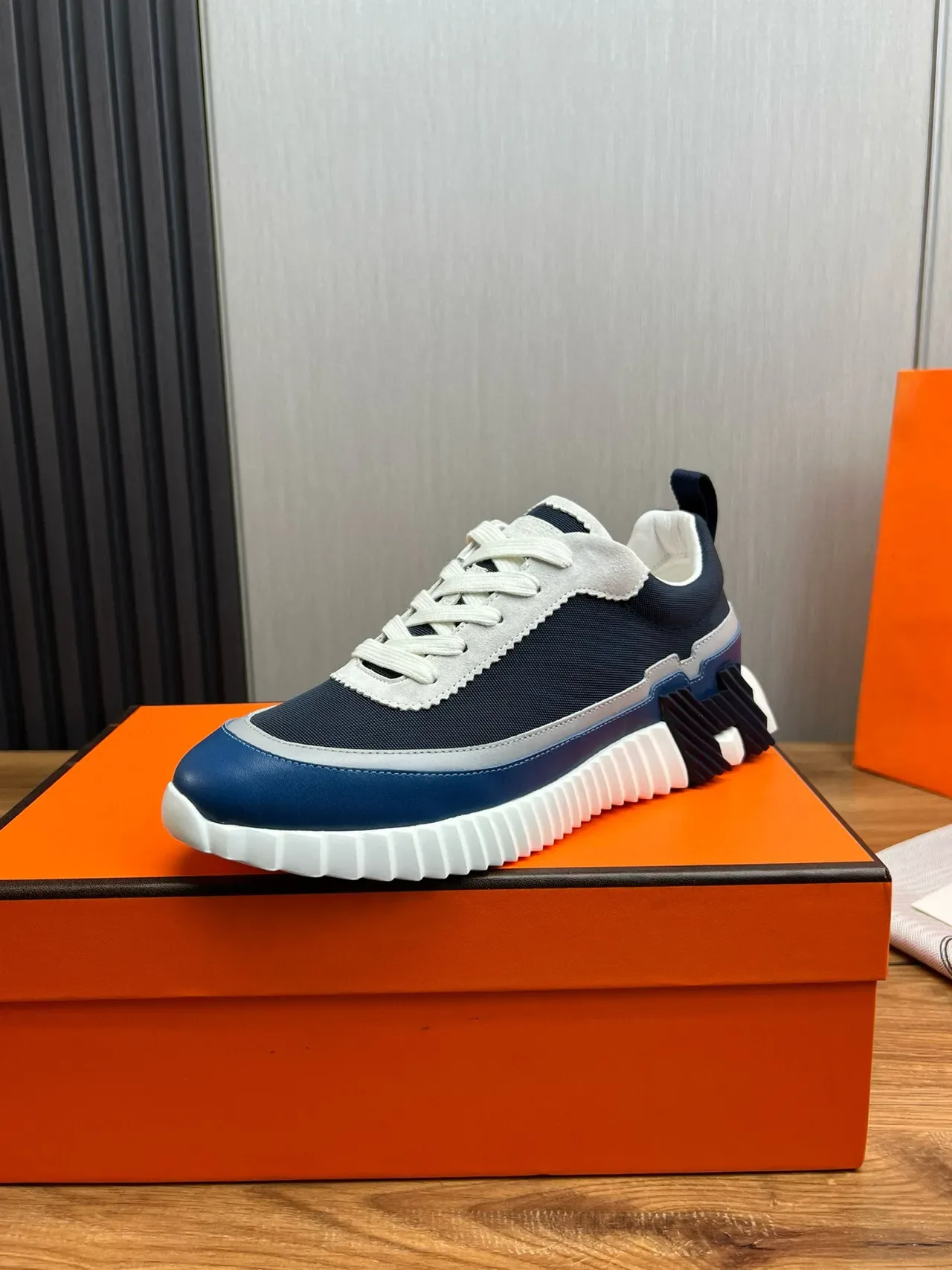 Hermès Navy White Sculpted Ridged Midsole Layered Textile And Leather Upper Lifestyle Sneakers 2
