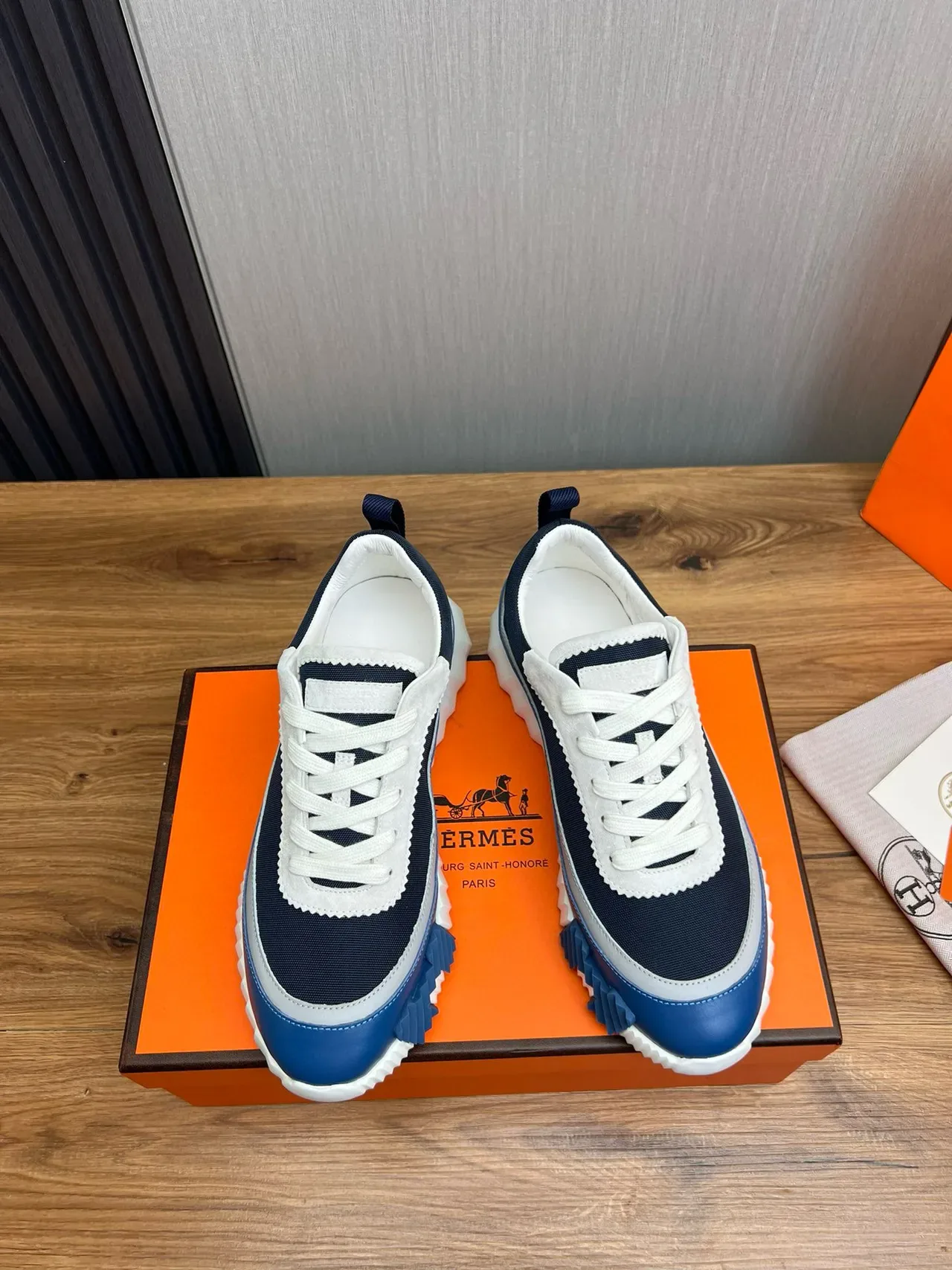 Hermès Navy White Sculpted Ridged Midsole Layered Textile And Leather Upper Lifestyle Sneakers 3
