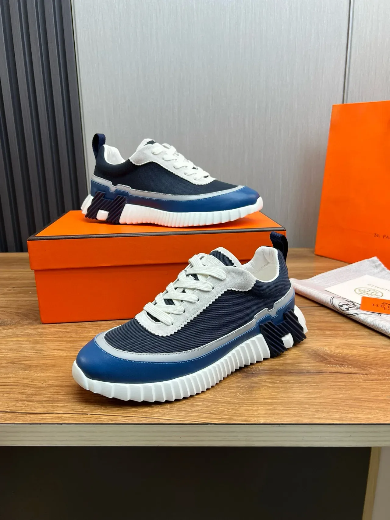 Hermès Navy White Sculpted Ridged Midsole Layered Textile And Leather Upper Lifestyle Sneakers 4