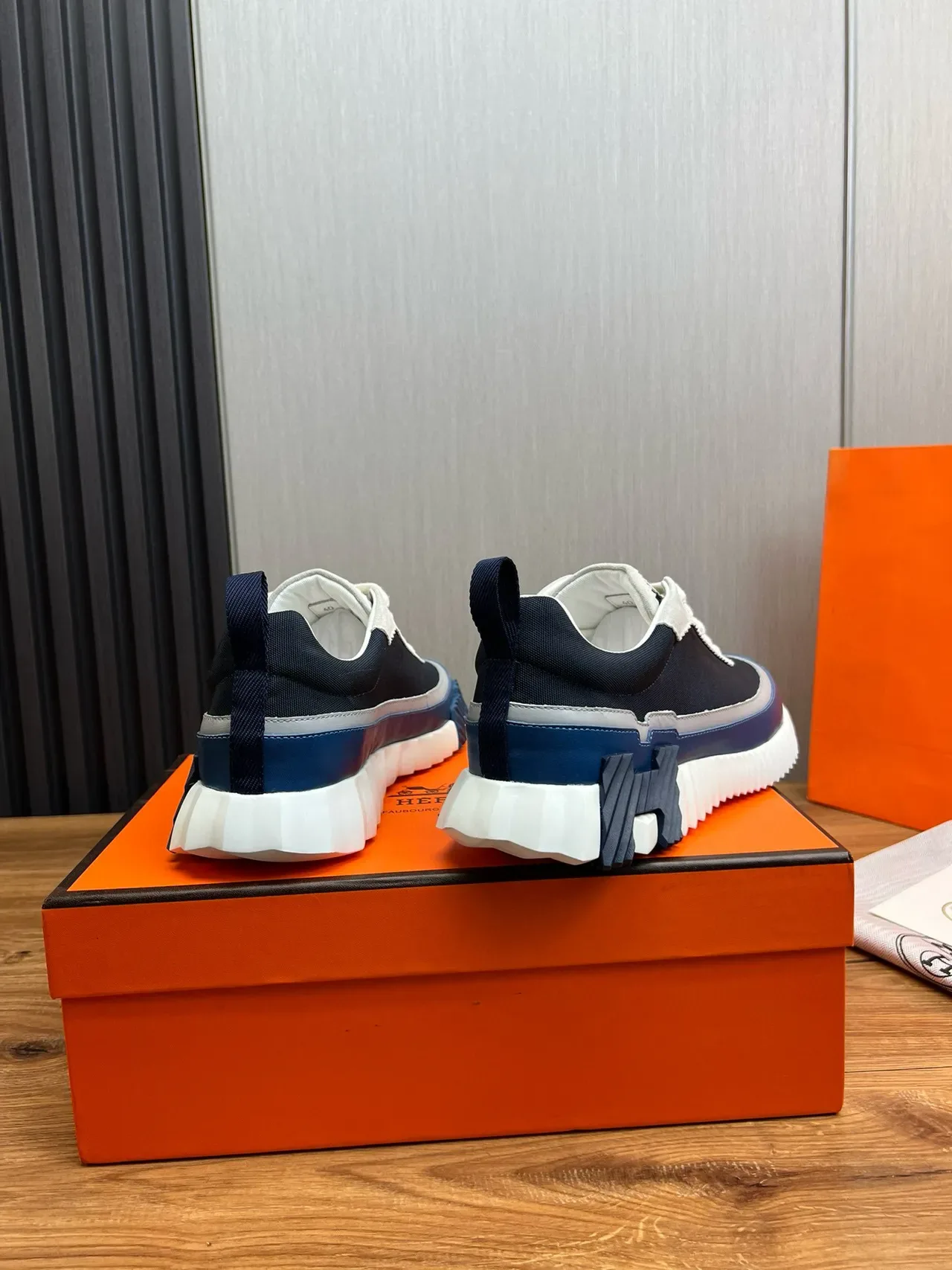 Hermès Navy White Sculpted Ridged Midsole Layered Textile And Leather Upper Lifestyle Sneakers 5