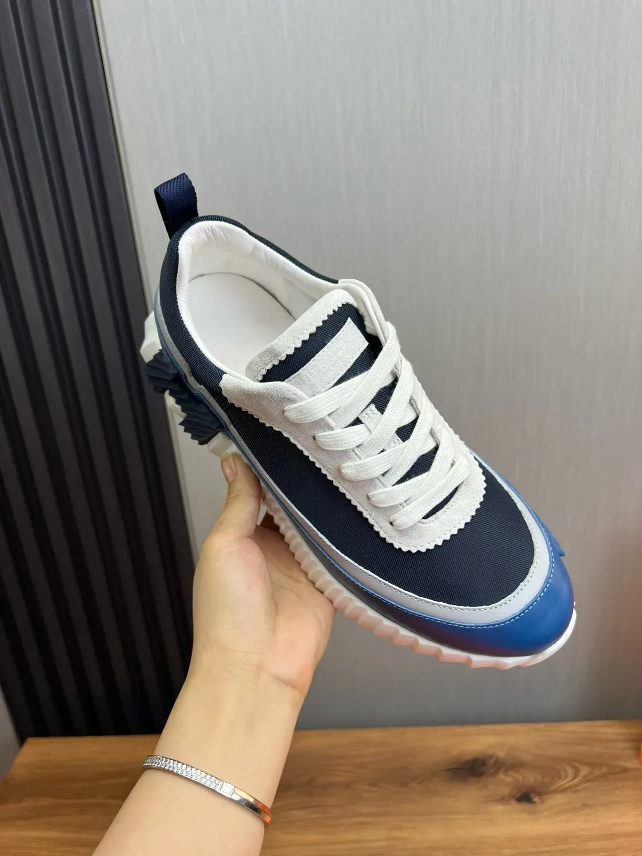 Hermès Navy White Sculpted Ridged Midsole Layered Textile And Leather Upper Lifestyle Sneakers 8
