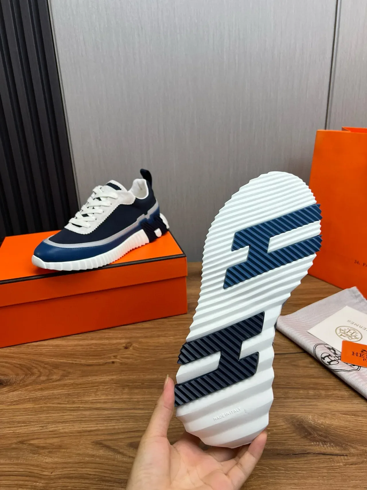 Hermès Navy White Sculpted Ridged Midsole Layered Textile And Leather Upper Lifestyle Sneakers 9