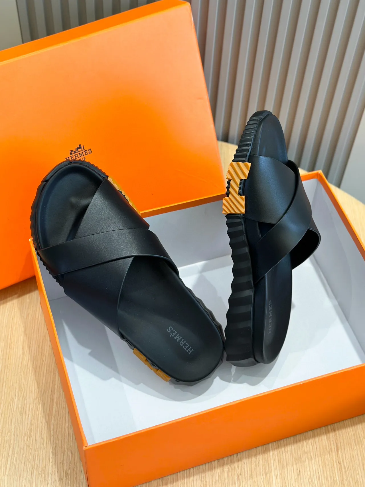 Hermès Oran Black Crisscross Strap Slippers 8