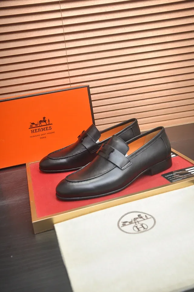Hermès Oran Black Leather H-Buckle Loafers 4