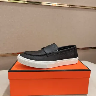 爱马仕 Oran 黑白 压纹皮革 厚底 乐福鞋