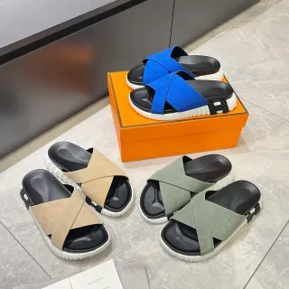Hermès Oran 蓝黑交叉带纹理白色鞋底凉鞋