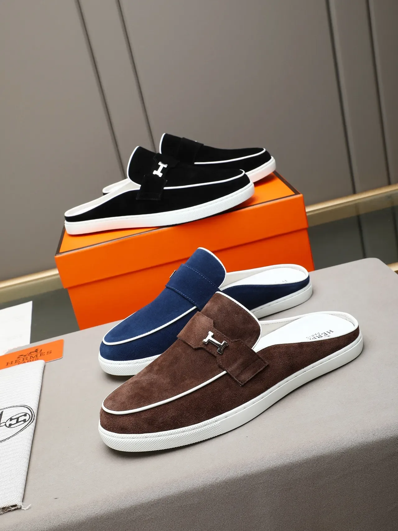 Hermès Oran Brown White Suede Backless Loafer 2