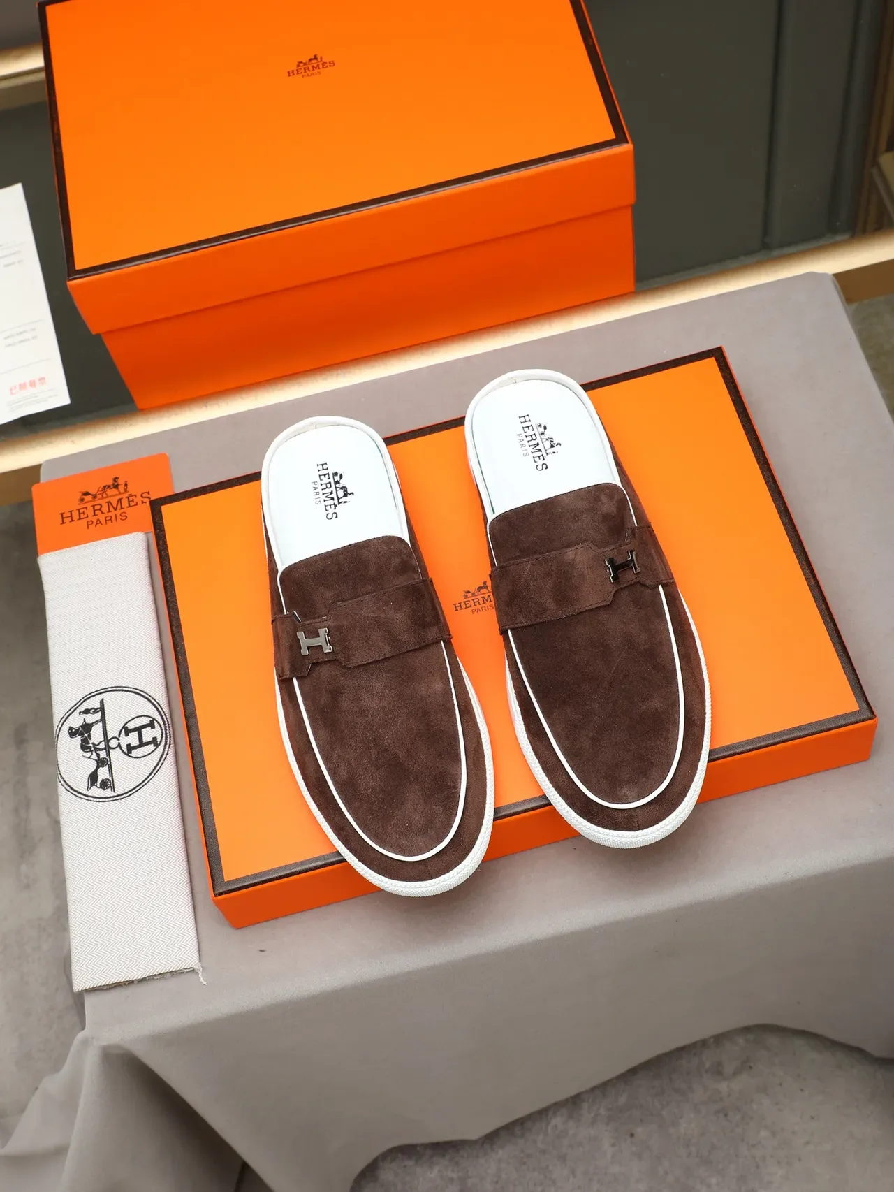 Hermès Oran Brown White Suede Backless Loafer 3