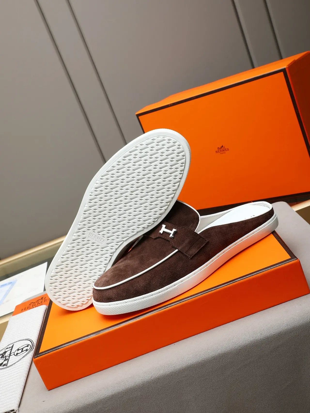 Hermès Oran Brown White Suede Backless Loafer 4