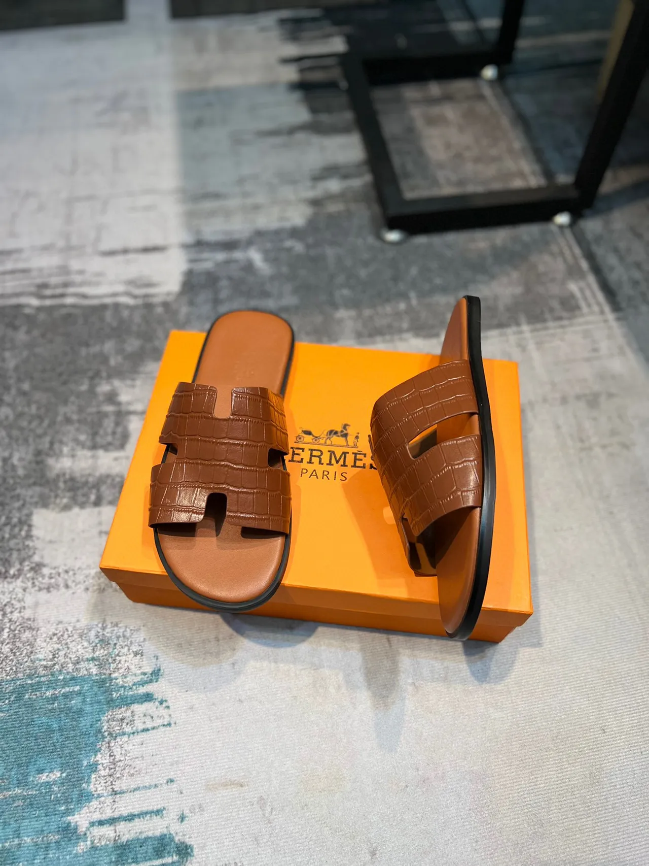 Hermès Oran Cognac Croc-Embossed Leather Slippers 4