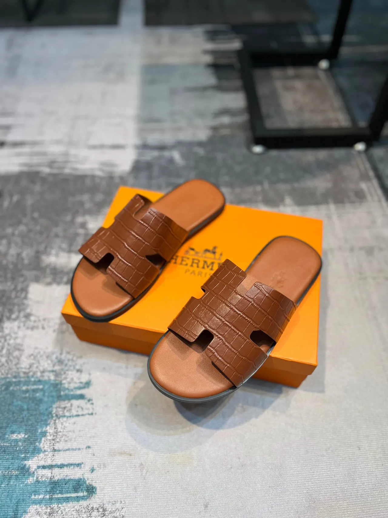 Hermès Oran Cognac Croc-Embossed Leather Slippers 5