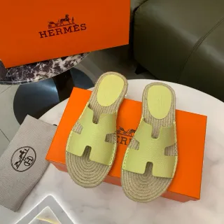 Hermès Oran أخضر ليمون H-Strap نعال منسوج من الجوت