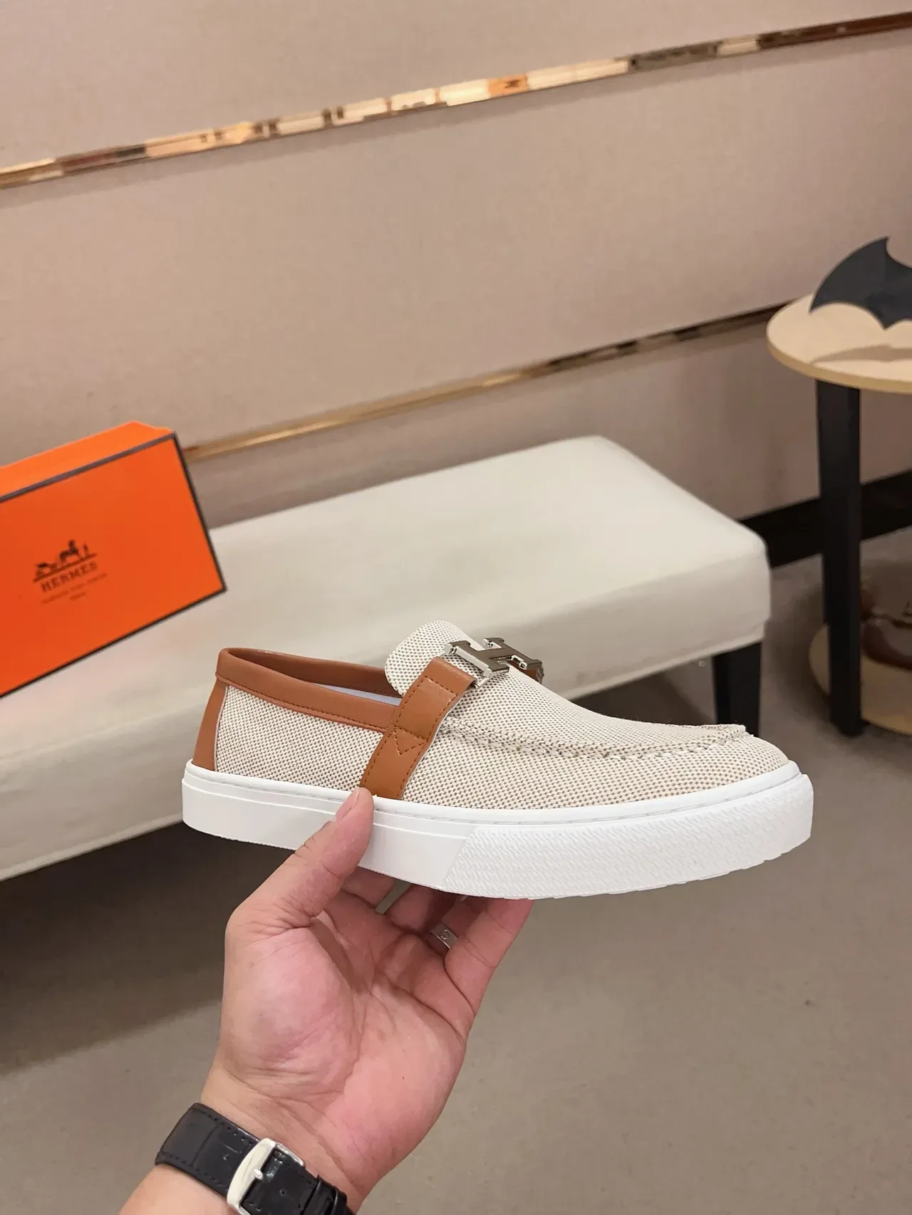 Hermès Oran Loafer Bege e Tan Tecido Trançado Loafers 4