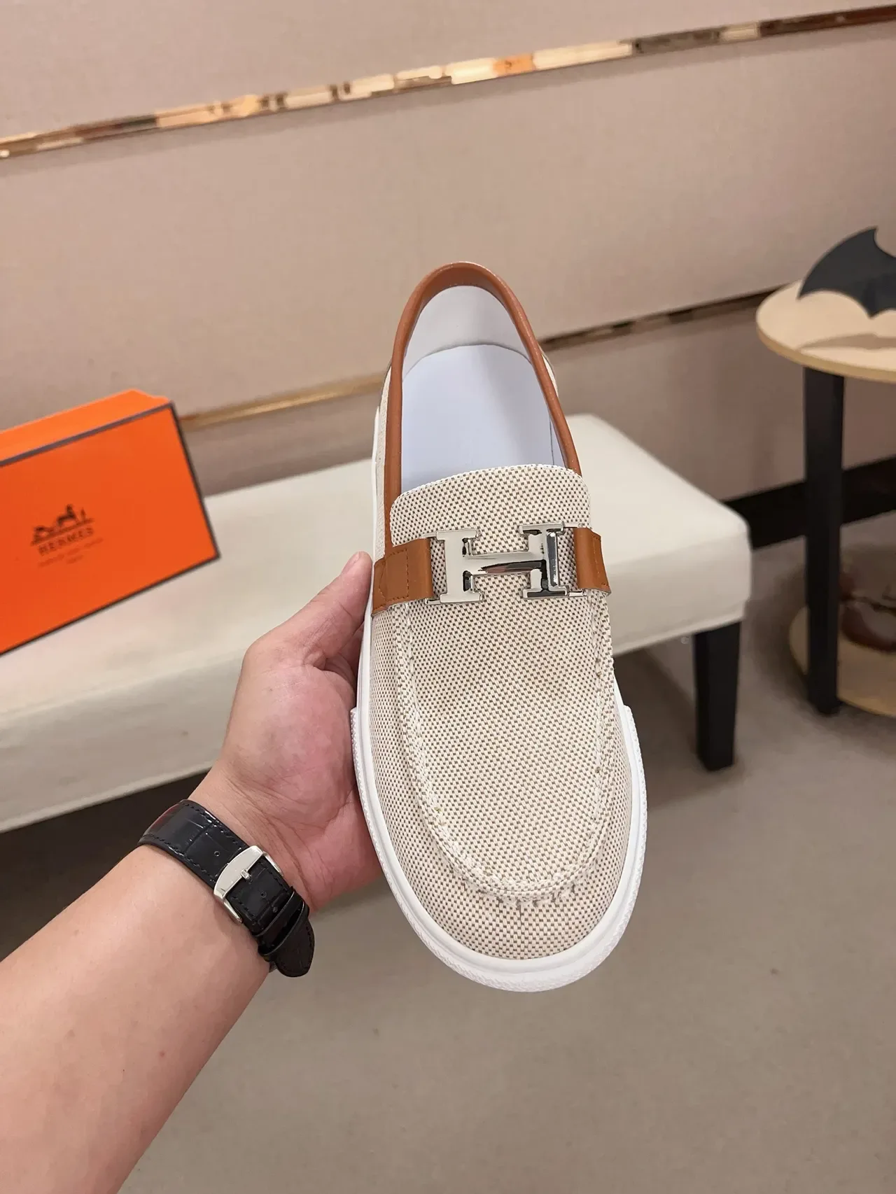 Hermès Oran Loafer Bege e Tan Tecido Trançado Loafers 5