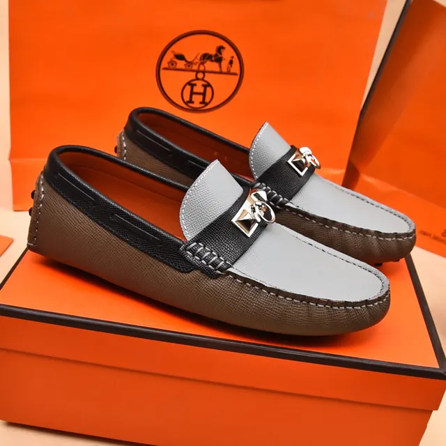 Hermès Oran Loafer أحذية لوفر جلدية رمادية وسوداء تُرتدى بسهولة 7