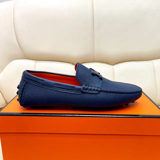 Hermès Oran Navy Blue Pebbled Leather H-Buckle Loafers 3