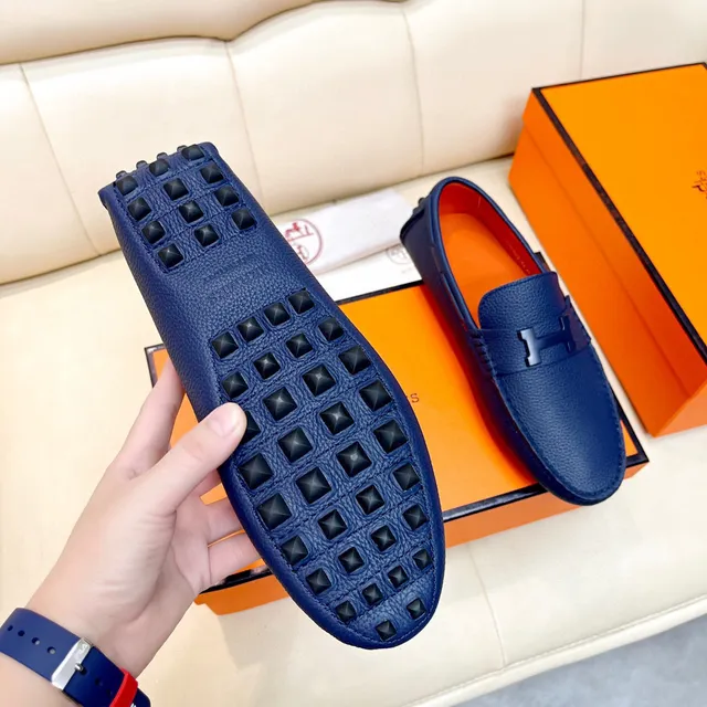 Hermès Oran Navy Blue Pebbled Leather H-Buckle Loafers 4