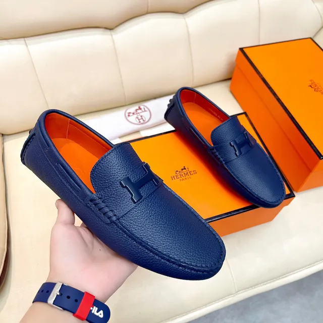 Hermès Oran Navy Blue Pebbled Leather H-Buckle Loafers 6