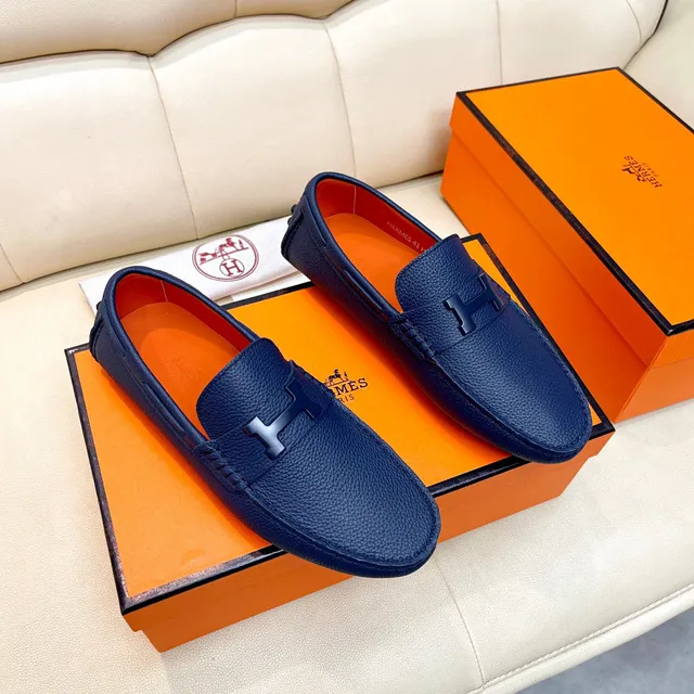 Hermès Oran Navy Blue Pebbled Leather H-Buckle Loafers 7