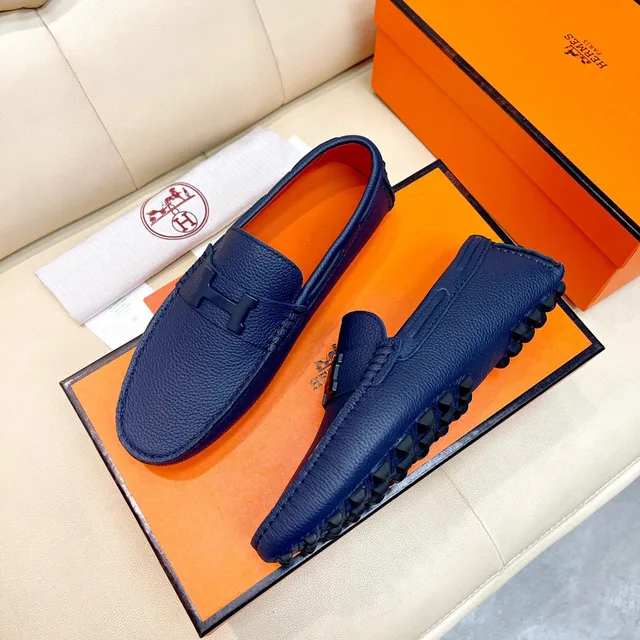 Hermès Oran Navy Blue Pebbled Leather H-Buckle Loafers 8