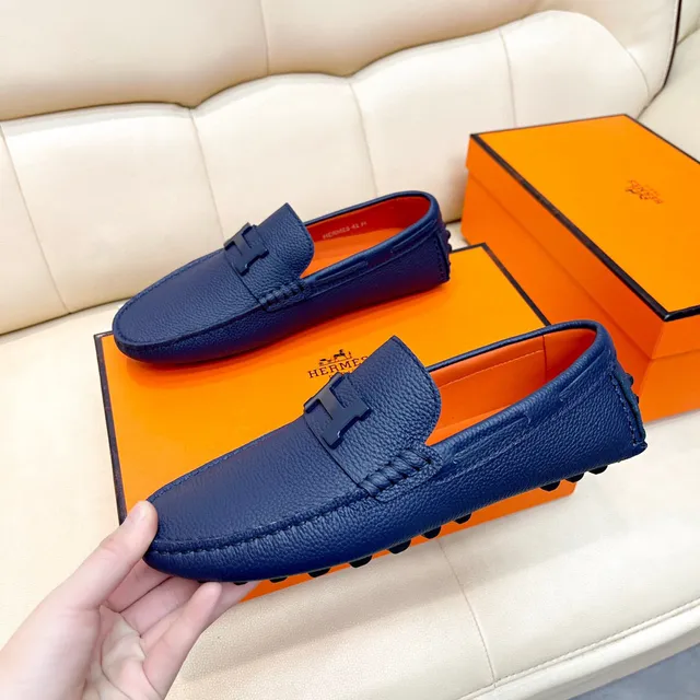 Hermès Oran Navy Blue Pebbled Leather H-Buckle Loafers 9