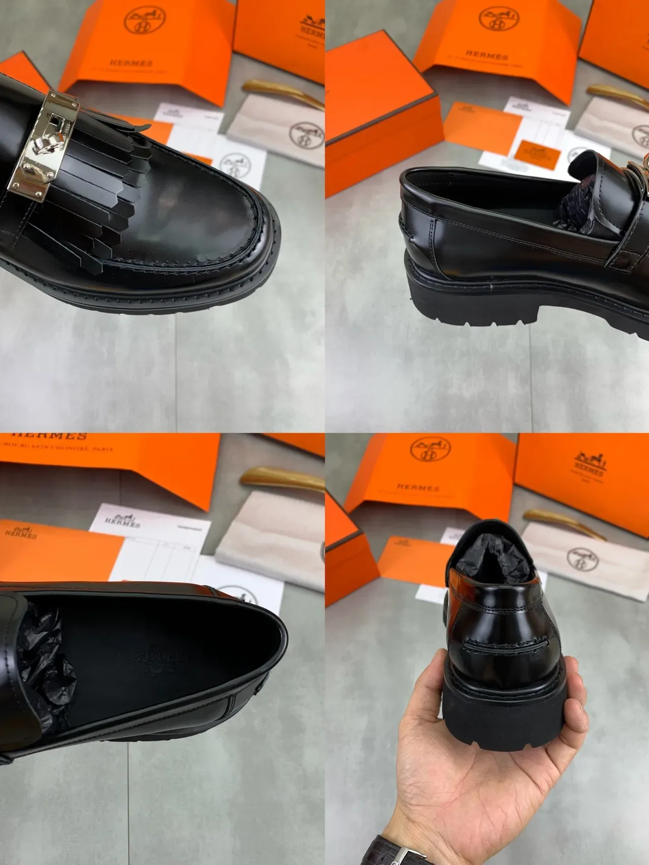 Hermès Oran Platform Loafer Black Patent Leather Fringed Strap Loafers 2
