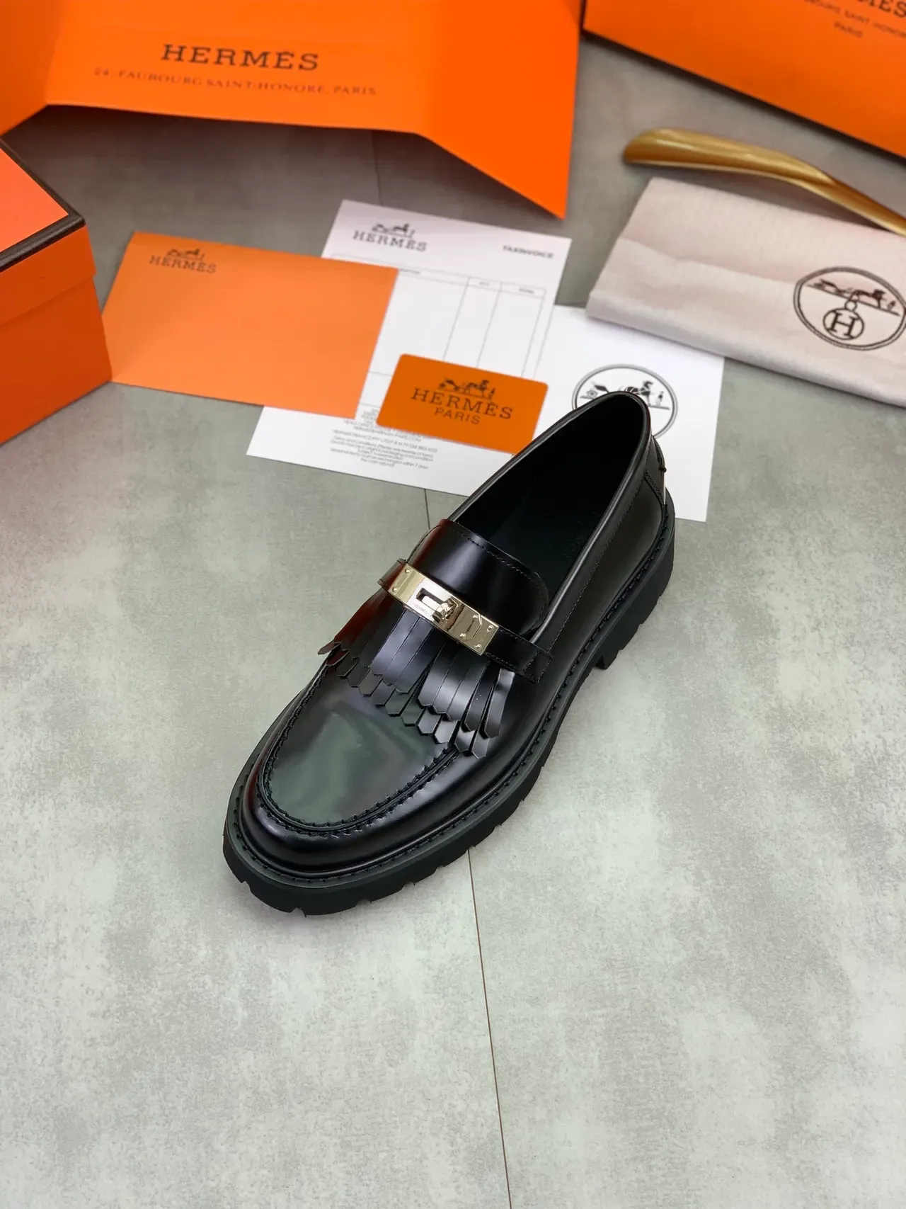 Hermès Oran Platform Loafer Black Patent Leather Fringed Strap Loafers 4
