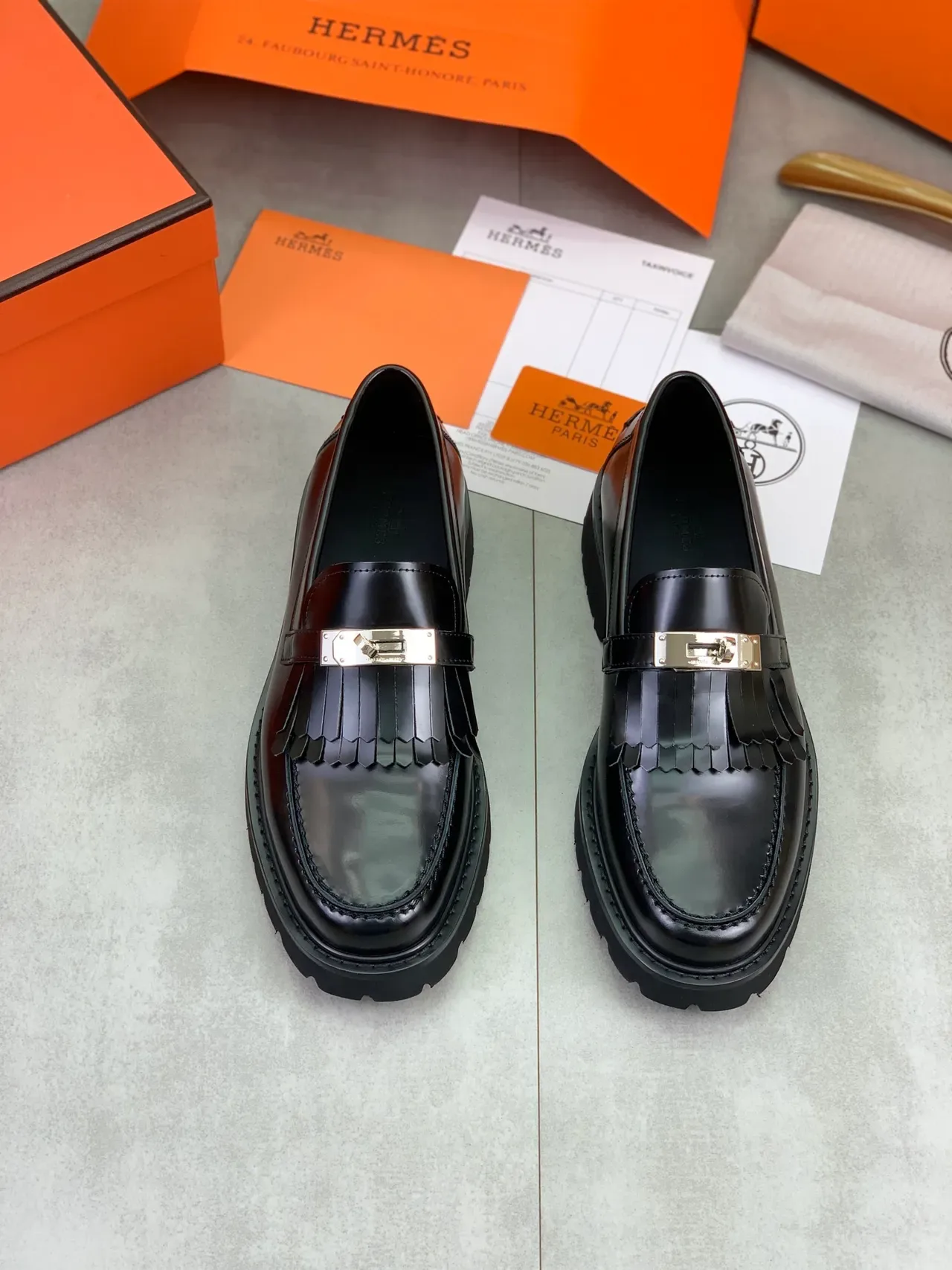 Hermès Oran Platform Loafer Black Patent Leather Fringed Strap Loafers 5