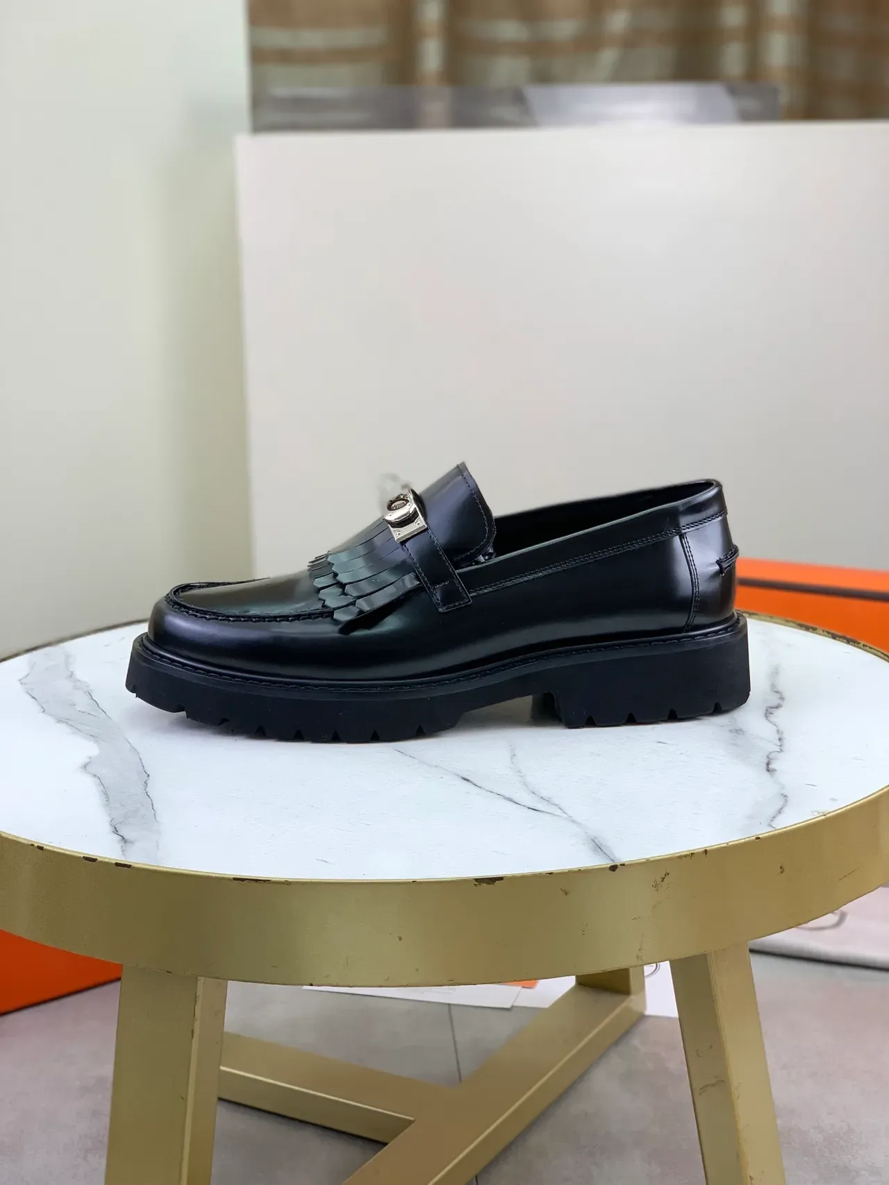 Hermès Oran Platform Loafer Black Patent Leather Fringed Strap Loafers 6