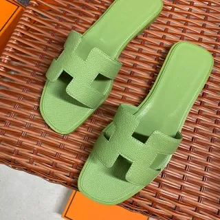 Hermès Oran Slide Sandálias de Couro Verde Lima