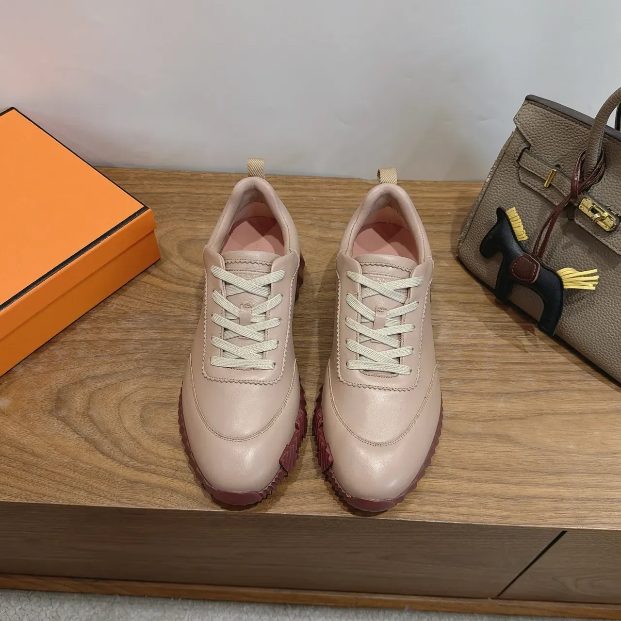 Hermès Oran Sneaker Beige Burgundy Leather Upper Serrated Rubber Sole Lifestyle Sneakers 4