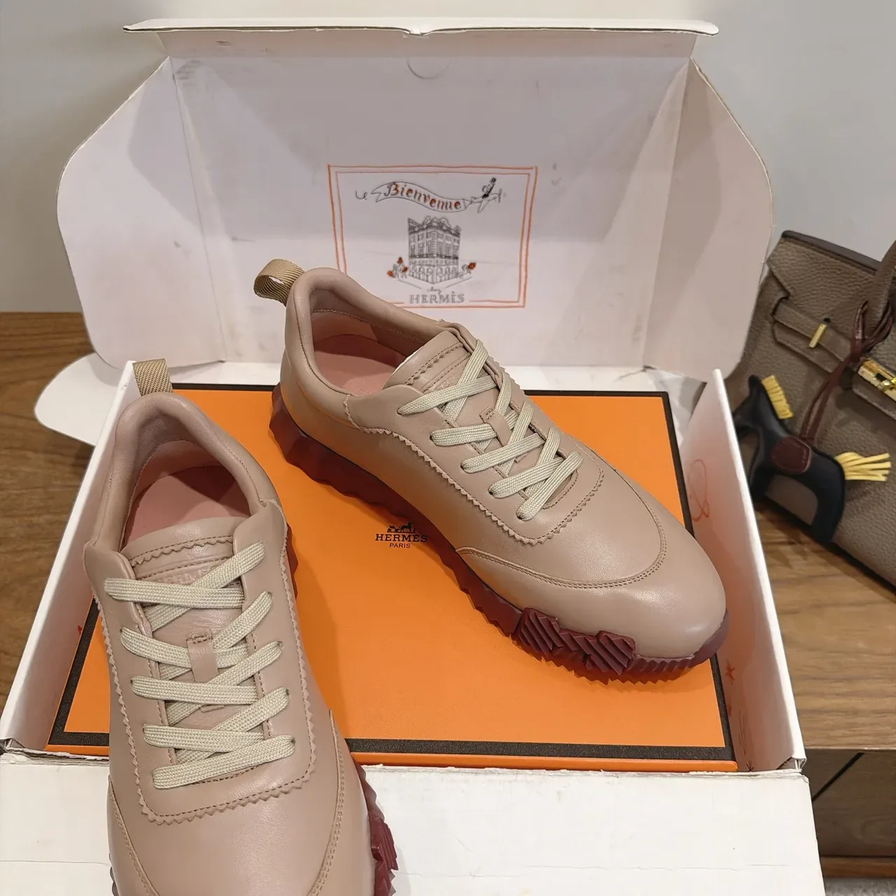 Hermès Oran Sneaker Beige Burgundy Leather Upper Serrated Rubber Sole Lifestyle Sneakers 5