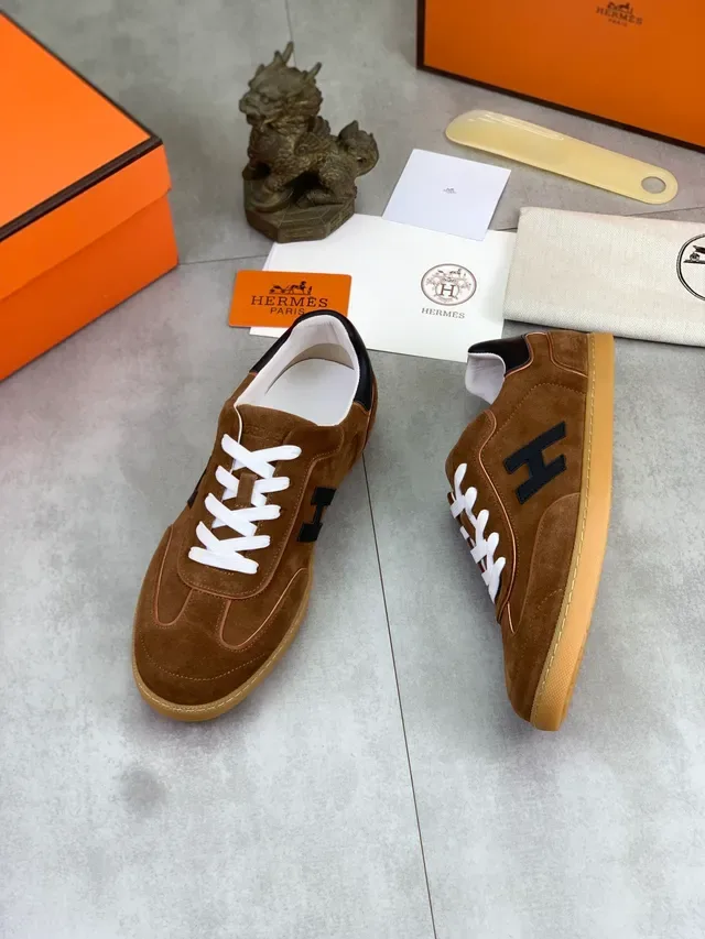 Hermès Oran স্নিকার বাদামি সুয়েড সাদা লেস লাইফস্টাইল স্নিকার 5