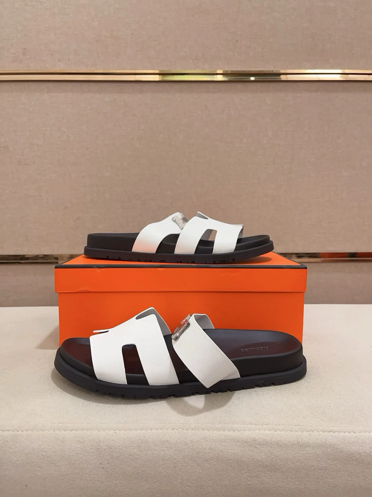 Hermès Oran White and Black H-Buckle Slippers 6