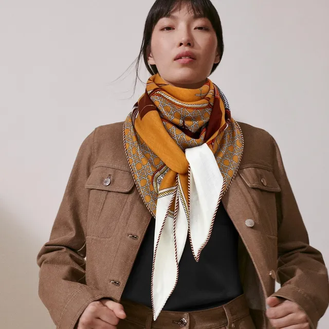 Hermès Orange Brown Printed Geometric Lattice Silk Scarf 2