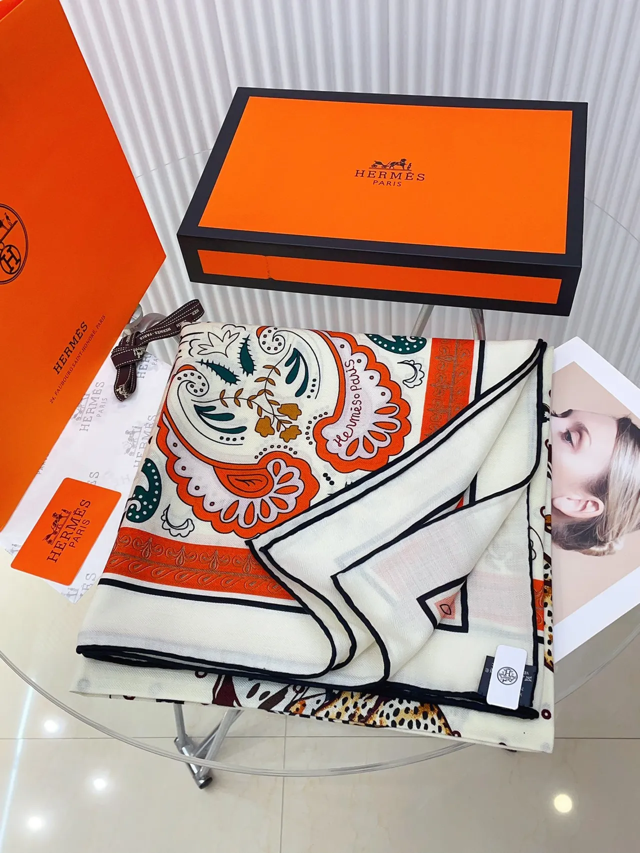Hermès Printed Tiger and Paisley Cream Silk Scarf 5