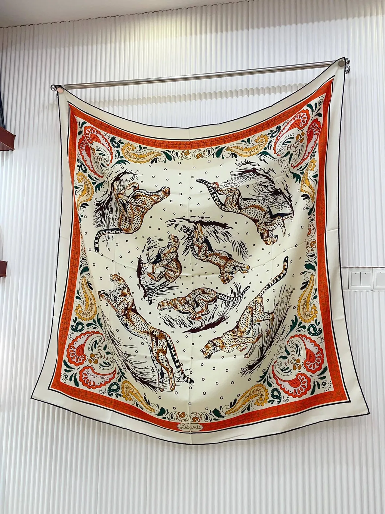Hermès Printed Tiger and Paisley Cream Silk Scarf 6