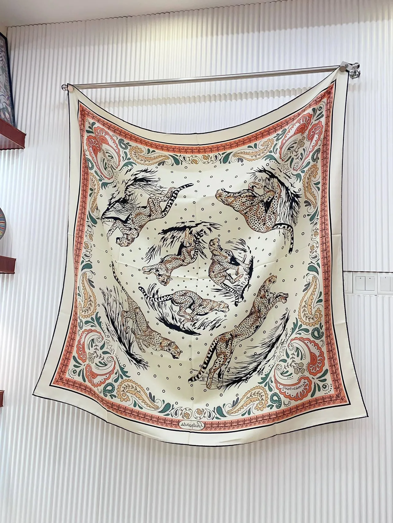 Hermès Printed Tiger and Paisley Cream Silk Scarf 7
