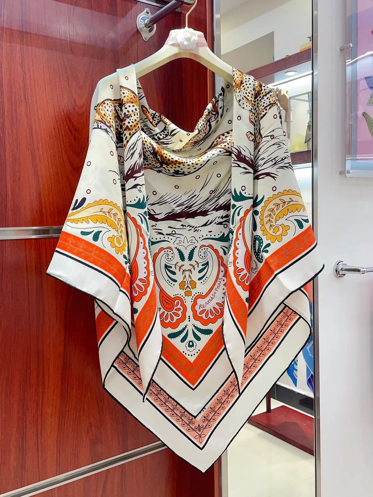 Hermès Printed Tiger and Paisley Cream Silk Scarf 8
