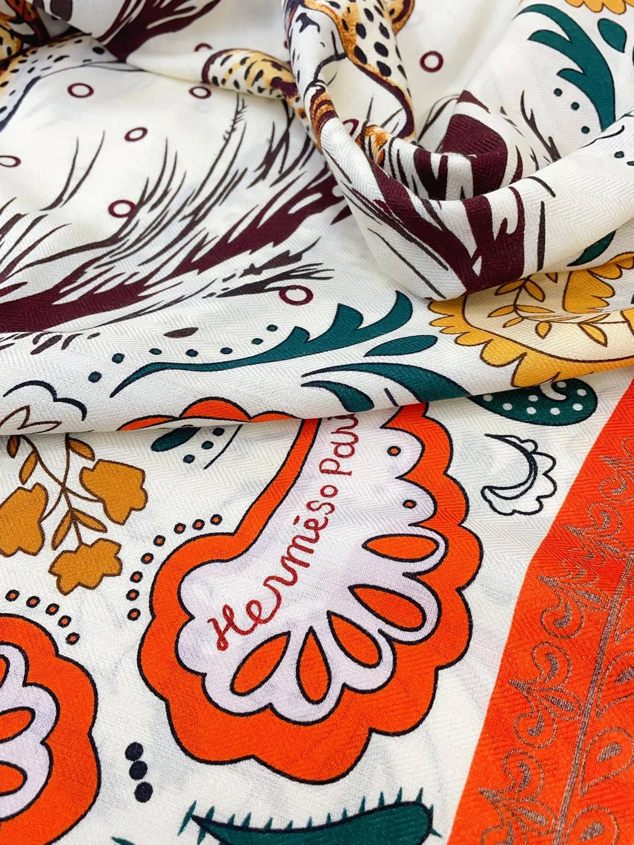 Hermès Printed Tiger and Paisley Cream Silk Scarf 9