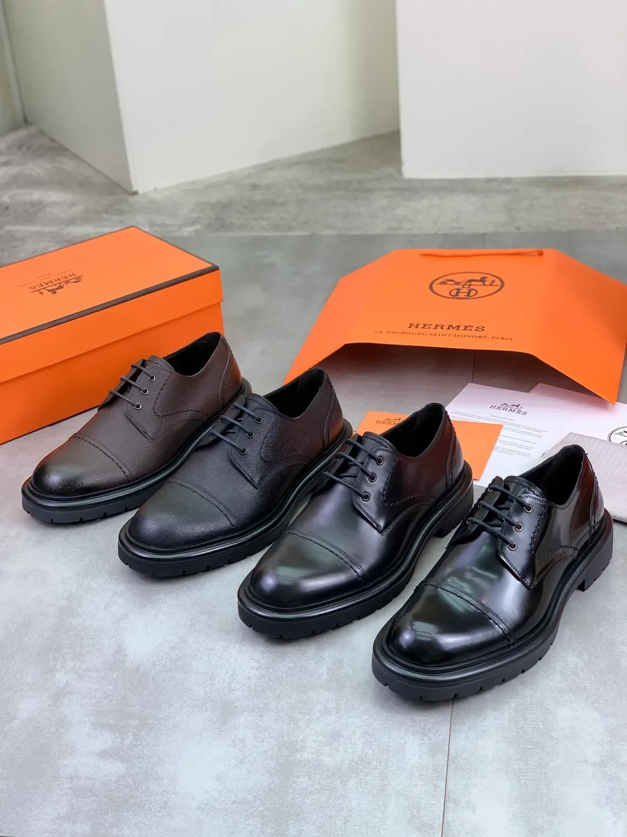 Hermès Sellier भूरे काले कैप टो बनावट त्वचा ऑक्सफोर्ड जूते 2