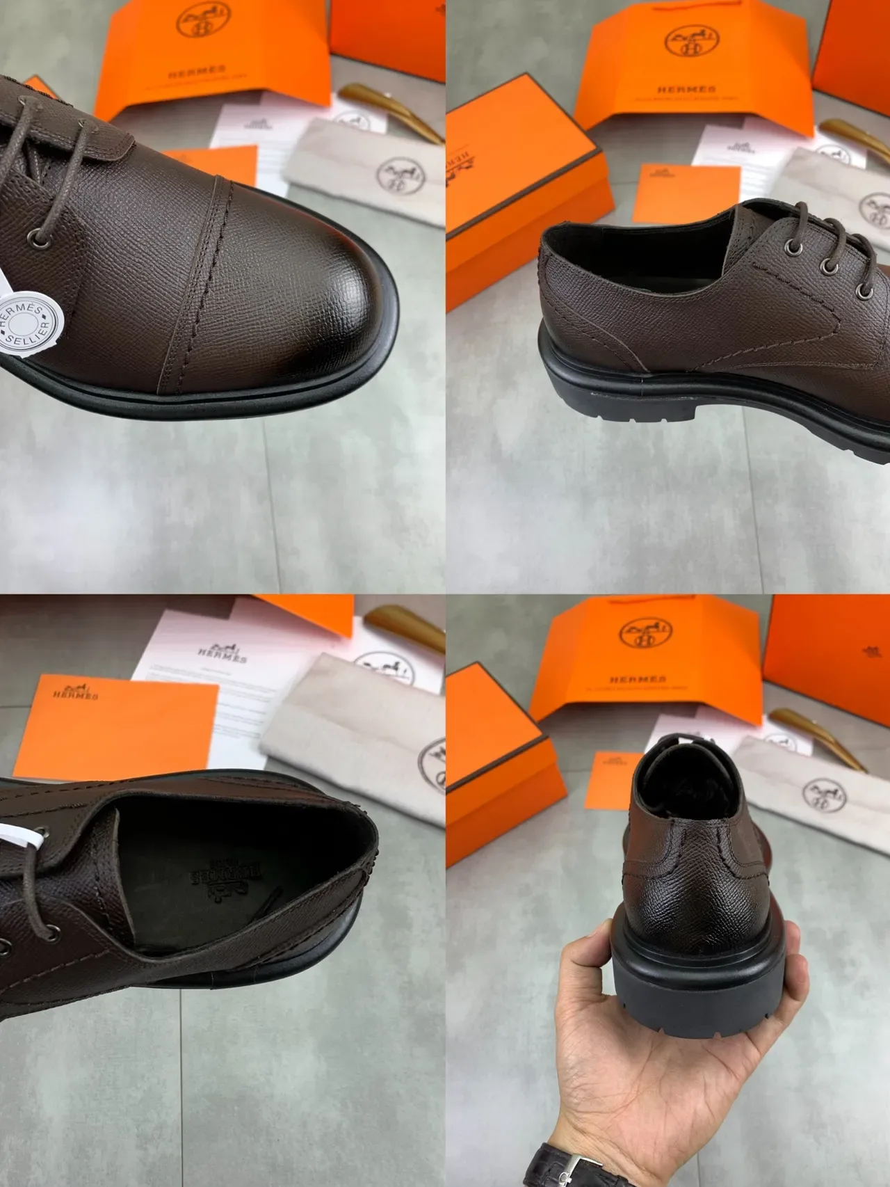 Hermès Sellier भूरे काले कैप टो बनावट त्वचा ऑक्सफोर्ड जूते 3