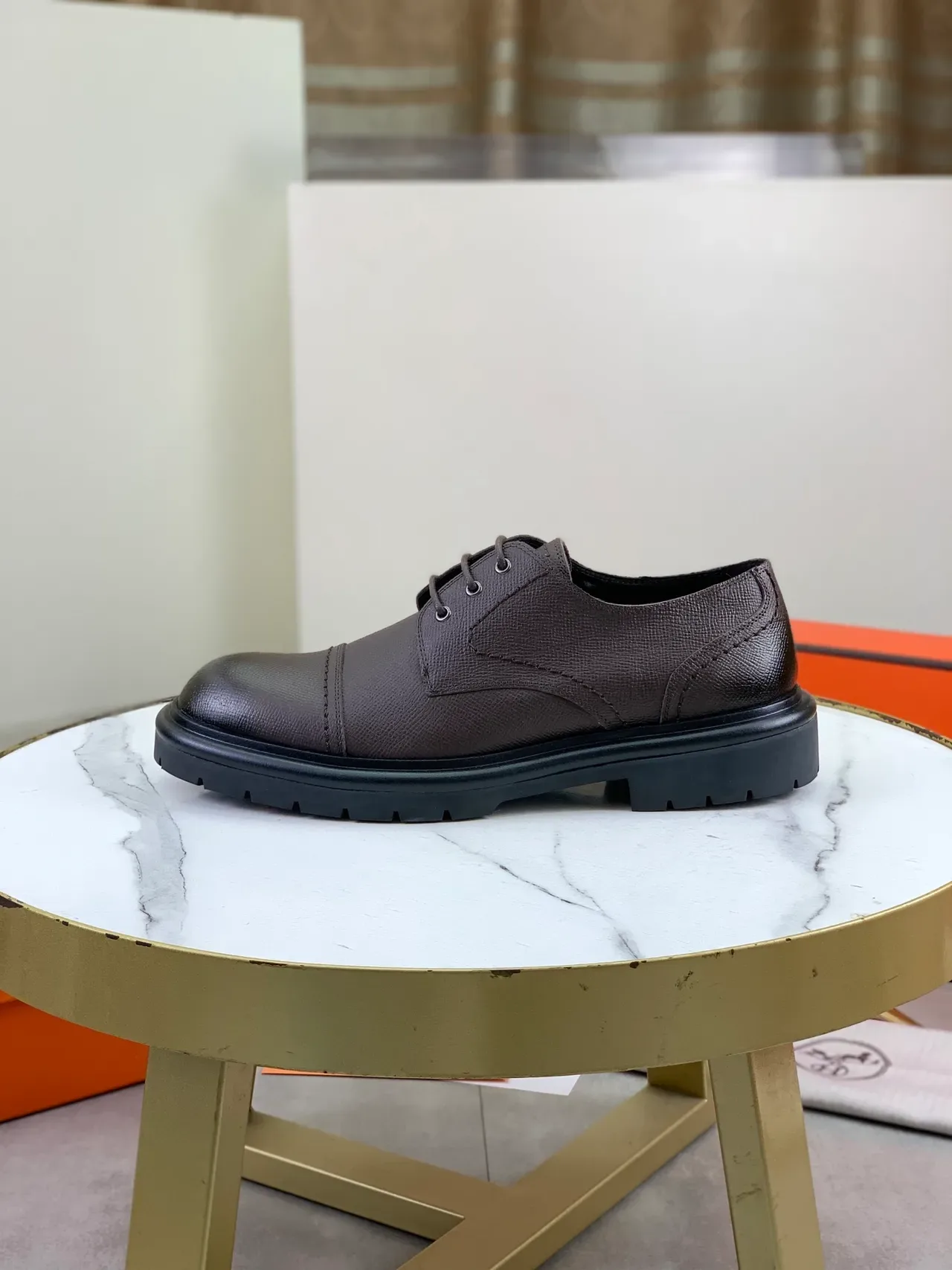 Hermès Sellier भूरे काले कैप टो बनावट त्वचा ऑक्सफोर्ड जूते 6