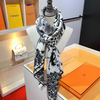 Hermès White Black Botanical Print Figural Silhouette Motif Silk Scarf