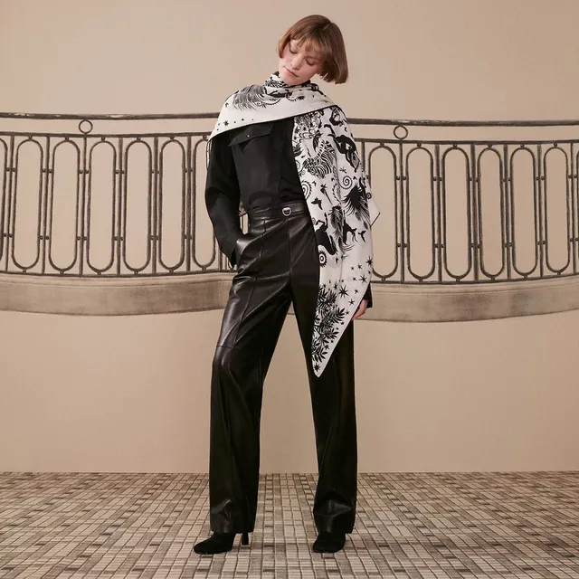 Hermès White Black Botanical Print Figural Silhouette Motif Silk Scarf 3
