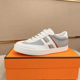Hermès White Gray Low-Top Leather-Paneled Sneakers