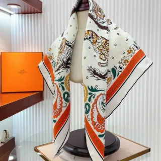 Hermès White Orange Printed Square Silk Scarf