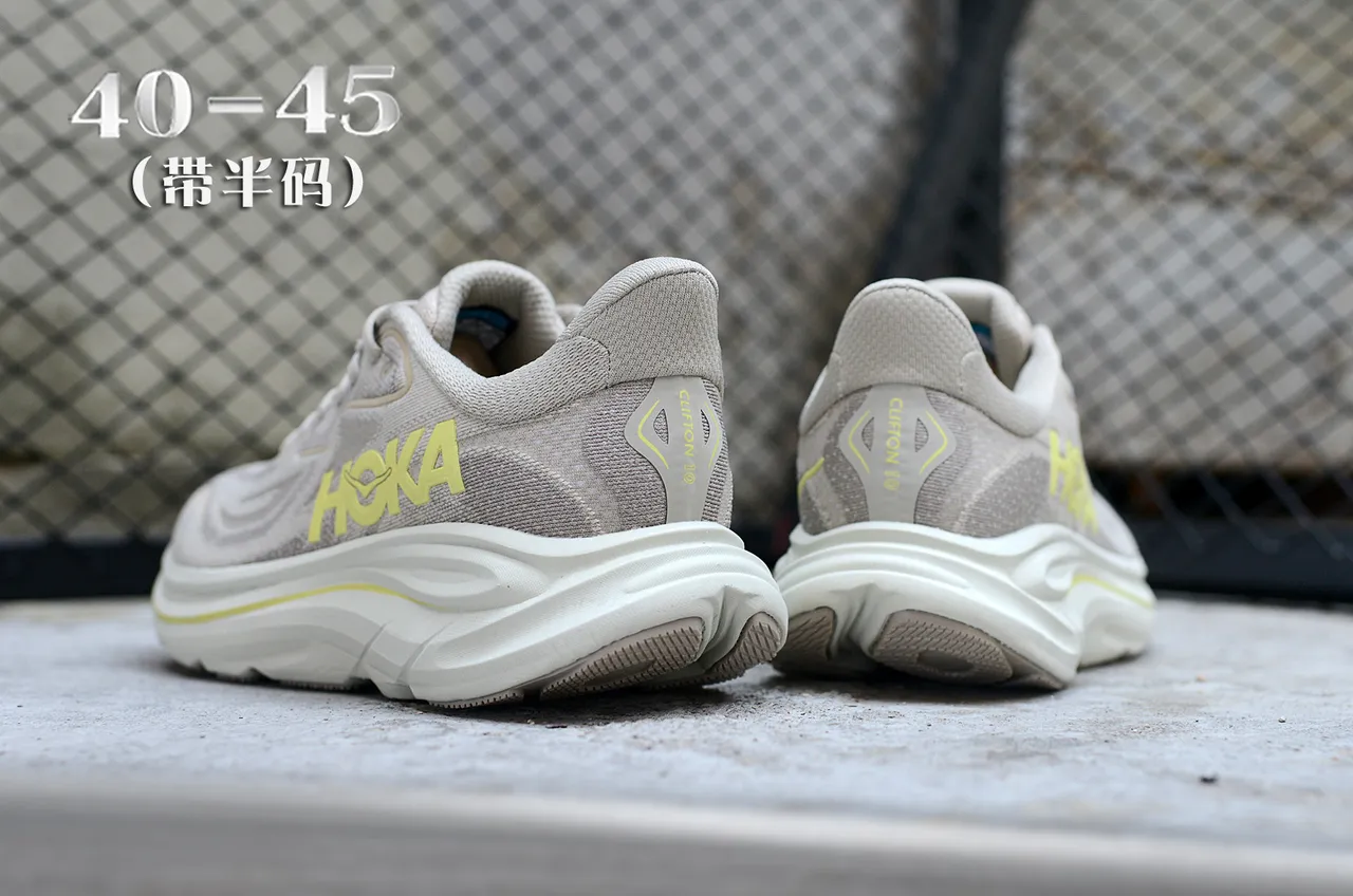 Hoka بيج أصفر علوة نسيج هندسي كعب وسط سميك منحوت أحذية جري 6