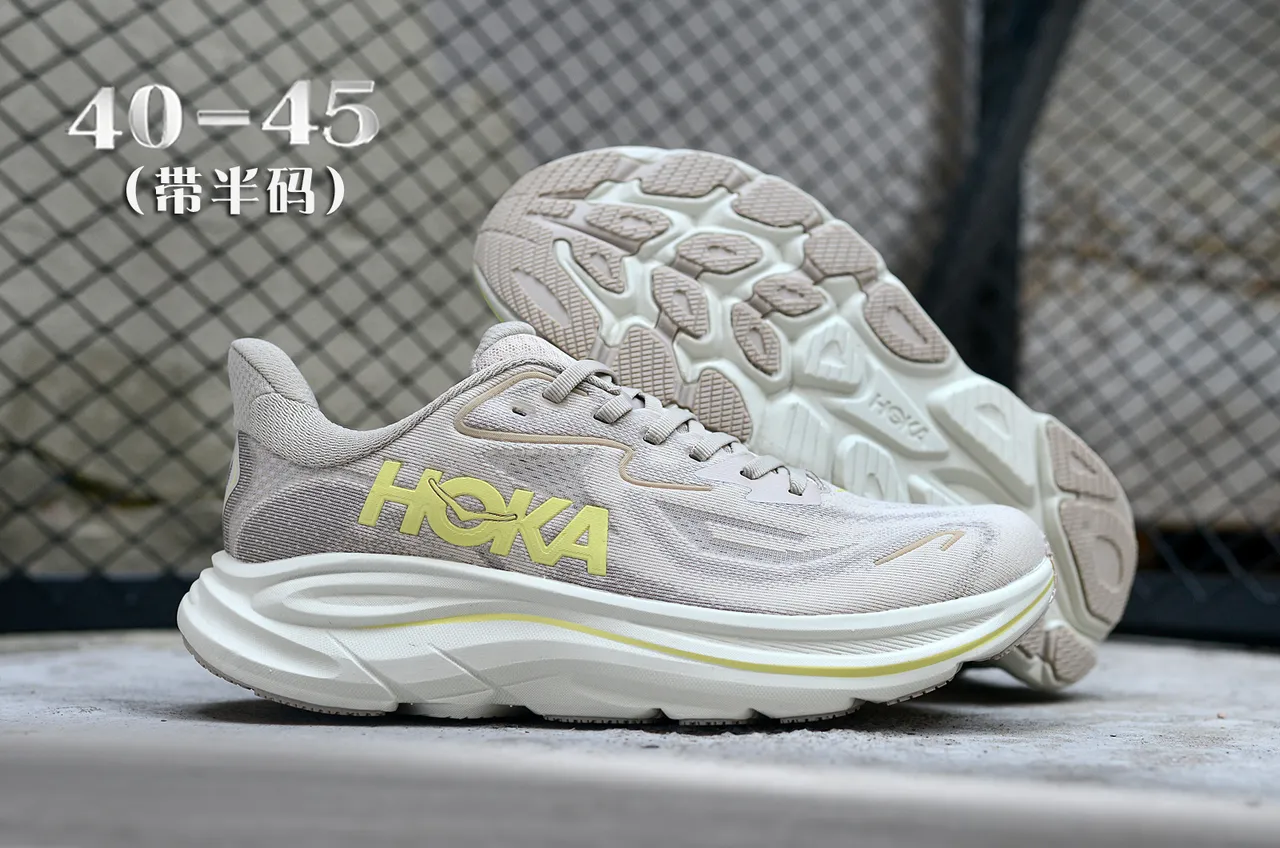 Hoka بيج أصفر علوة نسيج هندسي كعب وسط سميك منحوت أحذية جري 7